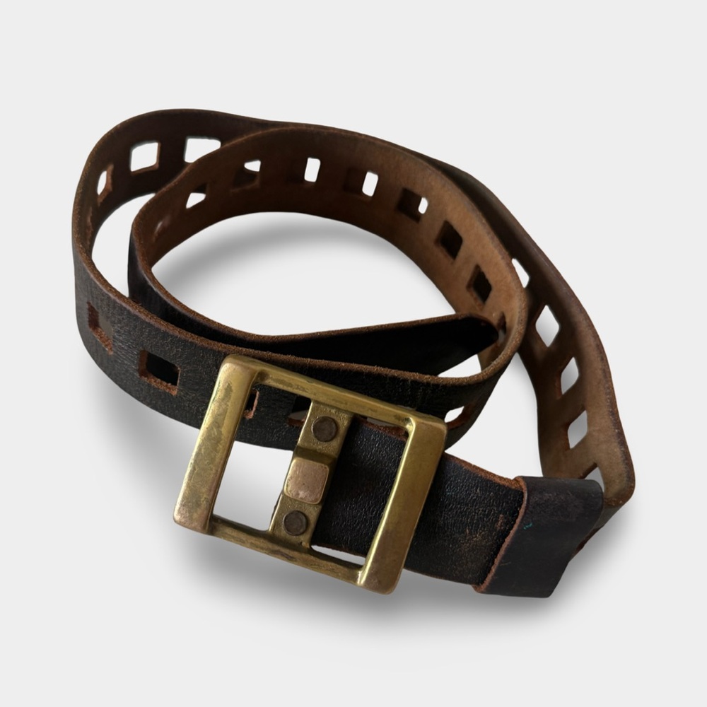 Vintage Leather Belt Solid Brass Buckle Distressed Brown Wide Belt - Picture 2 of 9